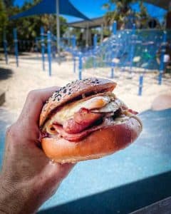 A breakfast burger on the counter